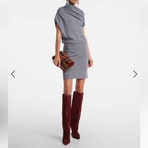 STAUD Gray Dress with Multicolored Clutch and Burgundy Boots